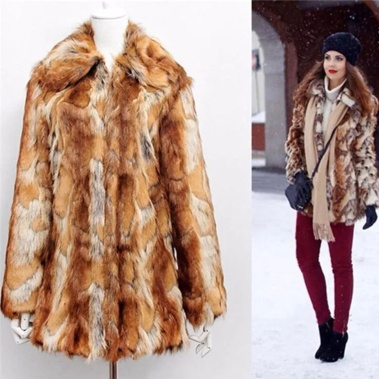 Women's slim fit tiger pattern faux fur jacket with long sleeves on a model.