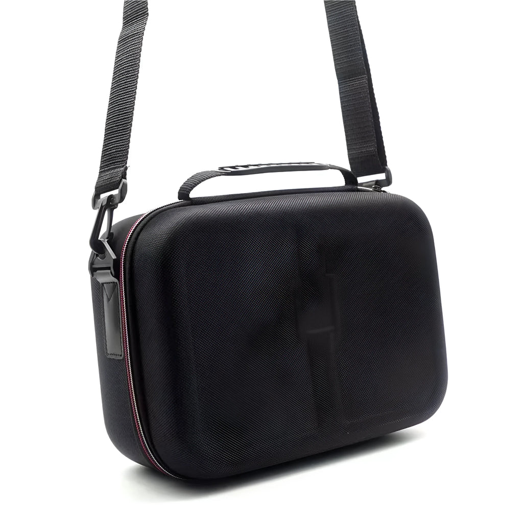 Black EVA game console storage bag showing two size options for organising controllers and accessories