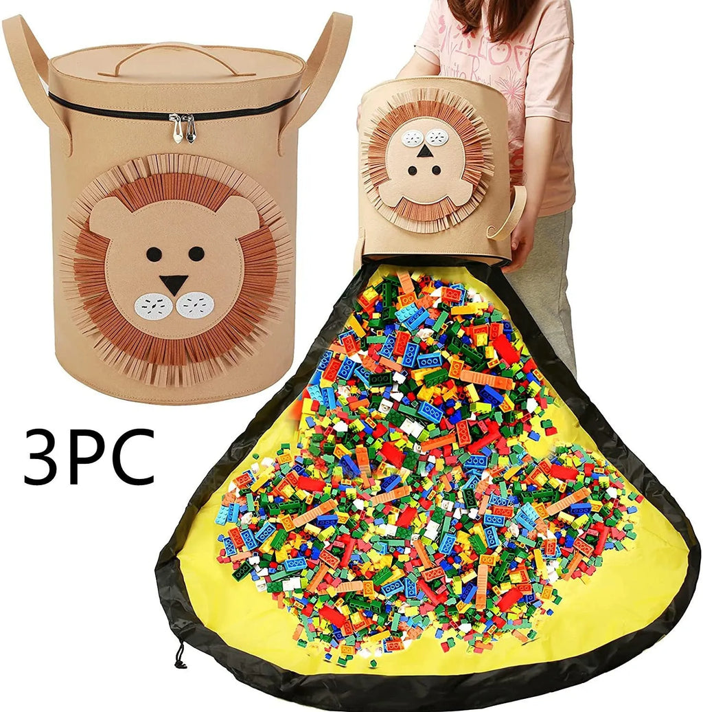 Green felt storage cube with pull rope converts to flat play mat for toy organisation