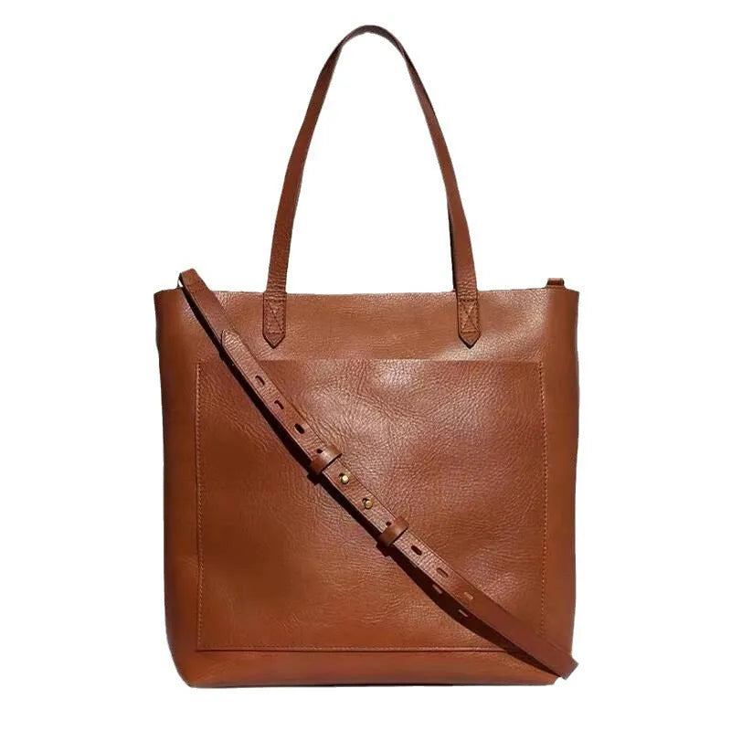 Medium genuine first layer cowhide leather tote bag square vertical shape double shoulder straps black brown