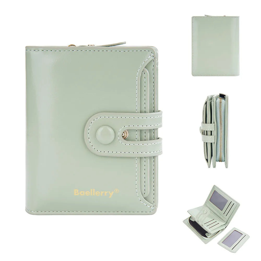 Women's PU leather card holder wallet shown in available colours including black, white, blue, red, green, brown, pink and orange