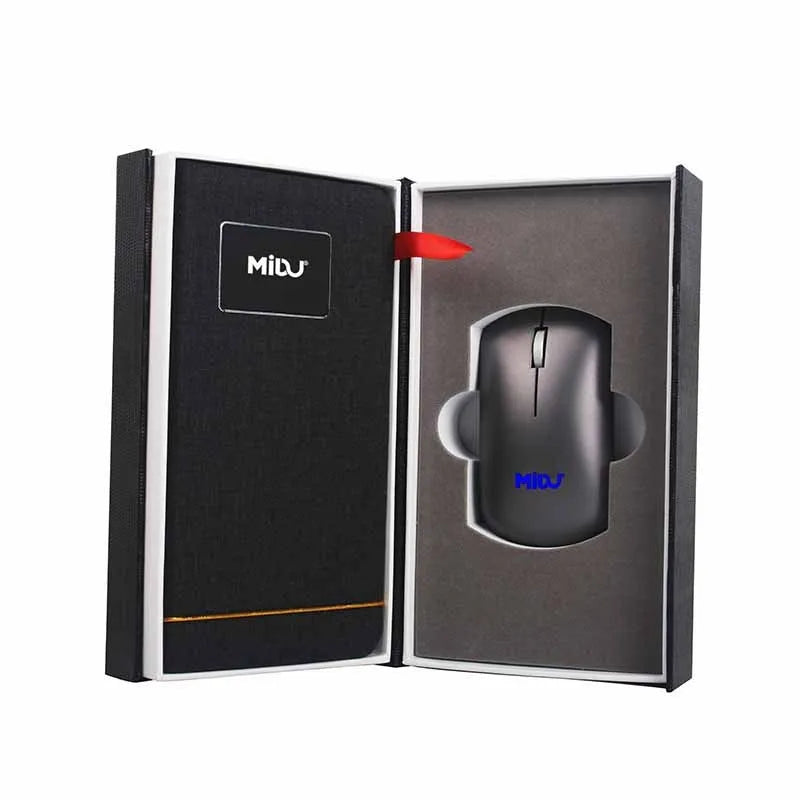 Folding cloth wireless charging mouse pad and small black wireless mouse shown with a portable handbag.
