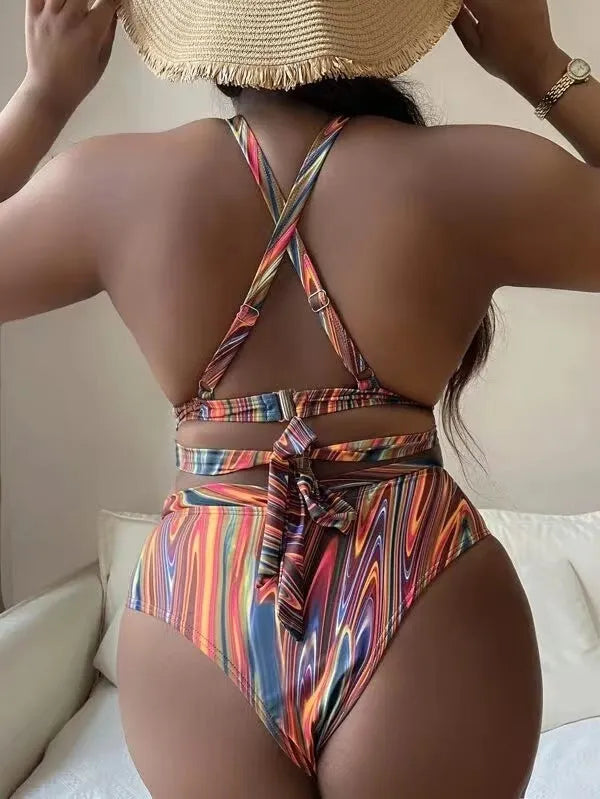 Women's floral high waist bikini swimsuit in plus sizes for swimming activities