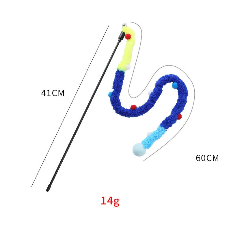 Blue cat wand toy with long plush strip and fluffy ball with bells on a 41cm pole