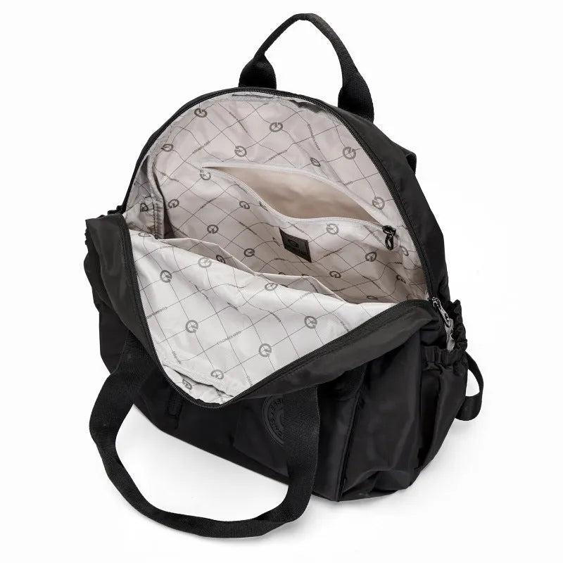 Large 48cm nylon backpack in black, khaki, or green with sandwich pocket design
