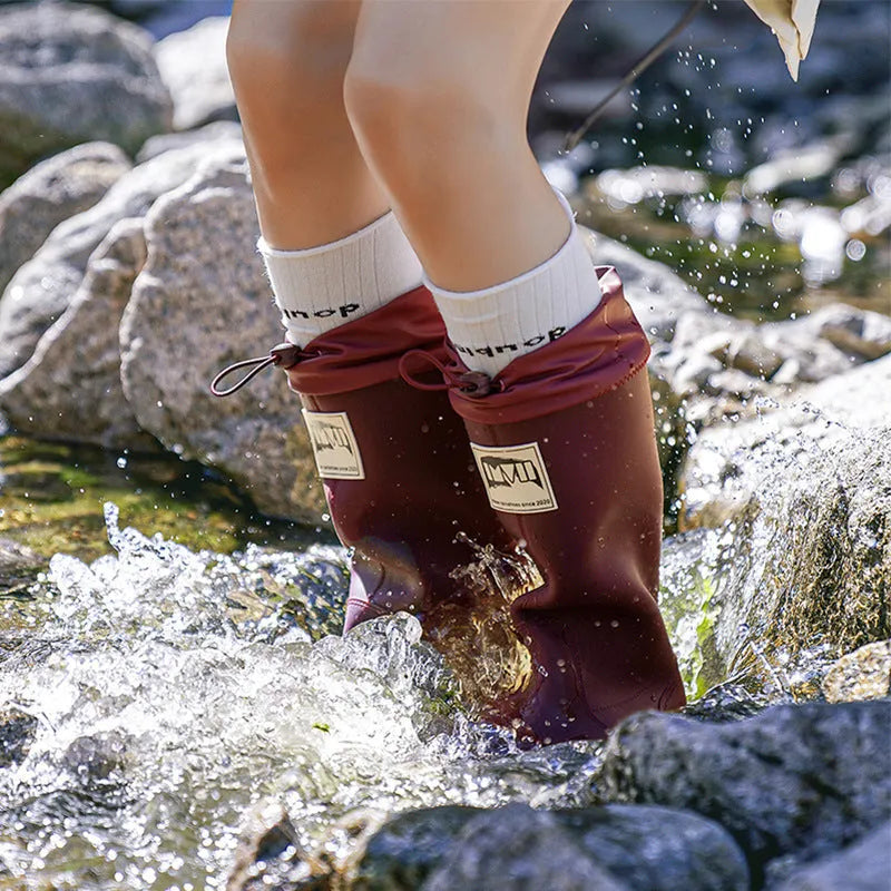 Couple Platform high tube waterproof PVC rain boots in black, green, beige, or red colours.