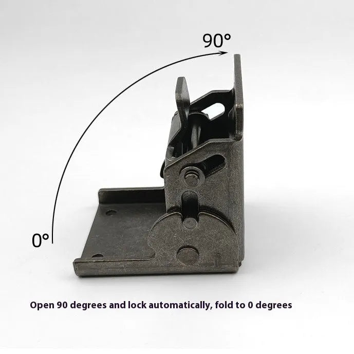 A metal furniture folding hinge with an electroplated finish, shown in a 90-degree open position.