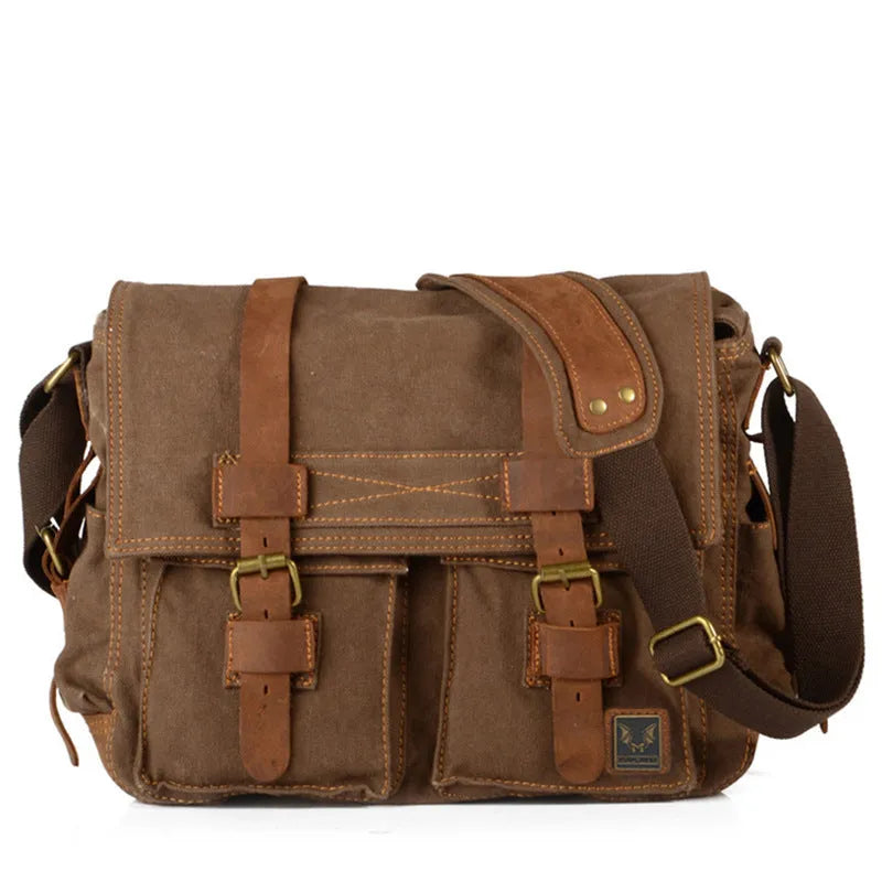 Men's canvas crossbody shoulder bag with cowhide trim in retro styling showing flap closure and single strap