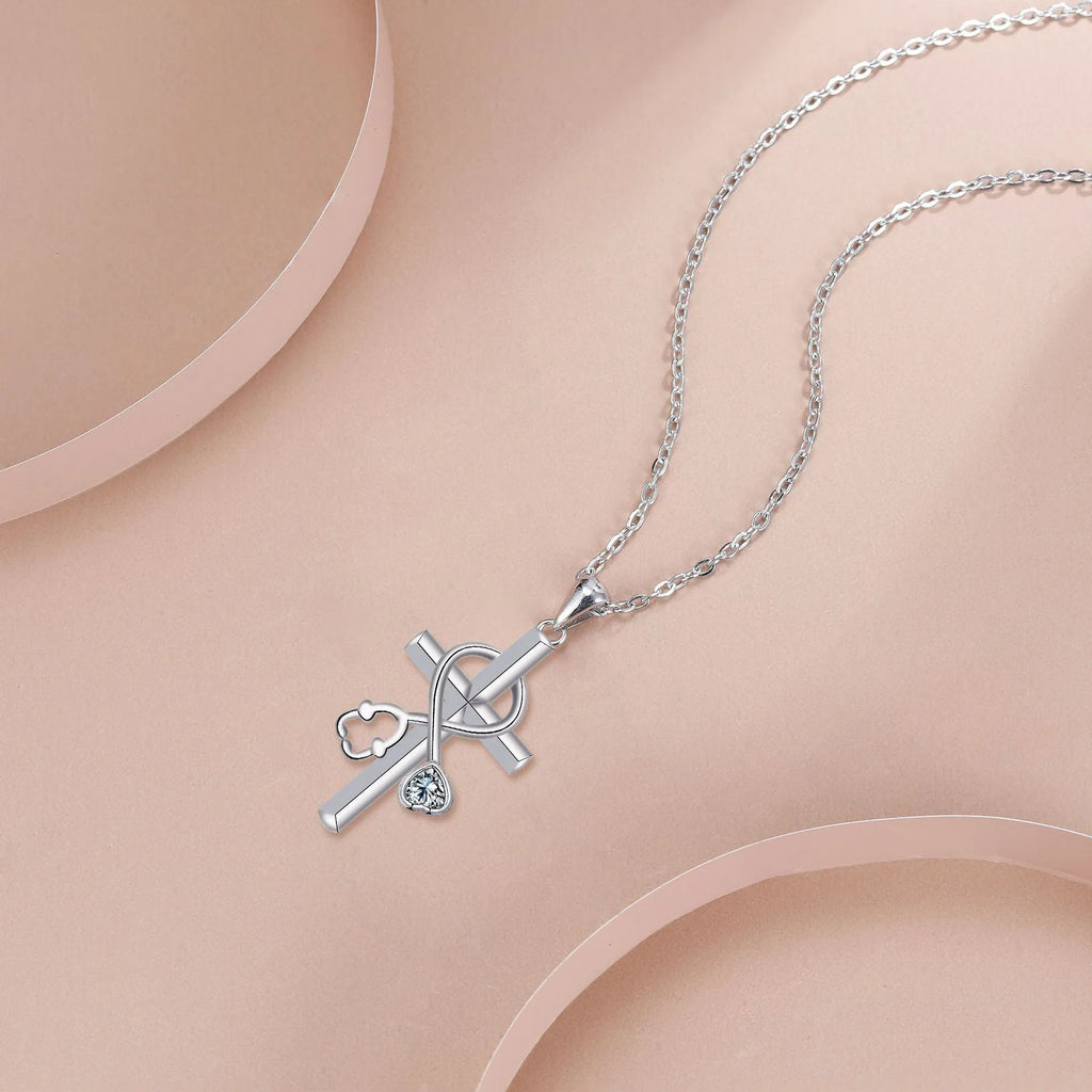 Women's cross stethoscope necklace with electroplated copper pendant and matching chain