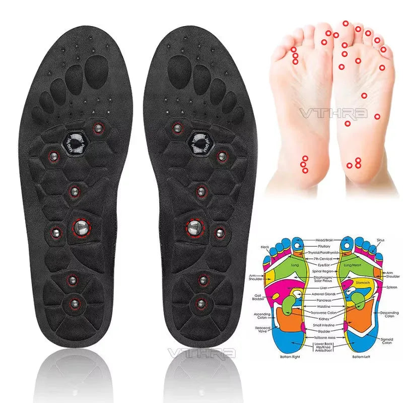 Black magnetic EVA insoles with gel massage nodes on a neutral background