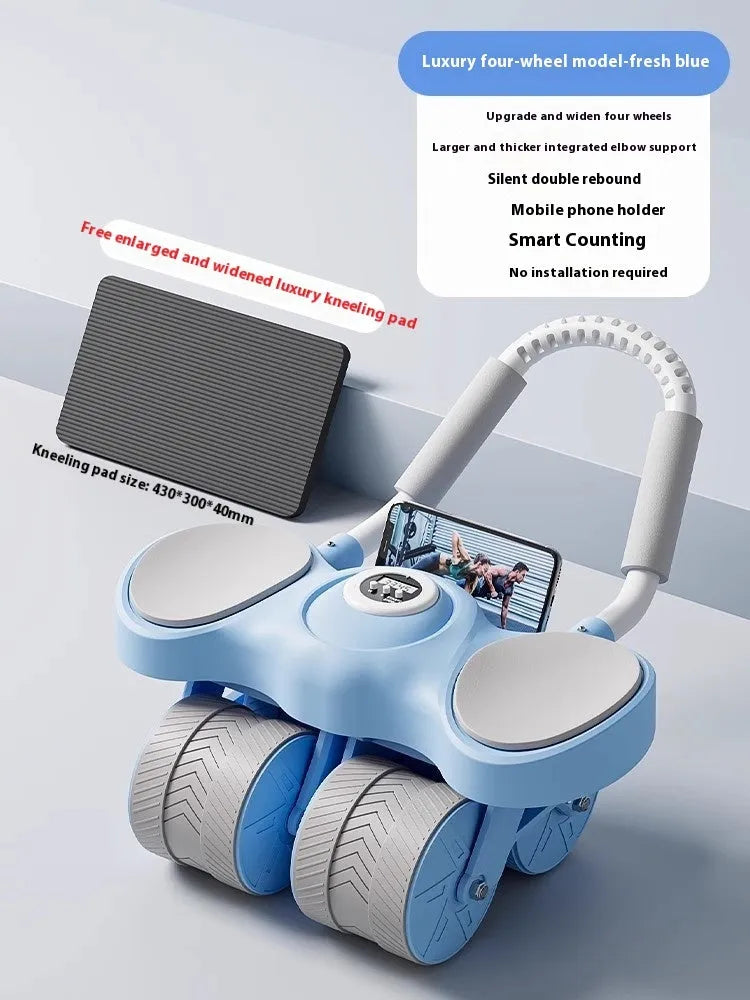 Abdominal wheel fitness equipment with automatic rebound and elbow support in blue colour