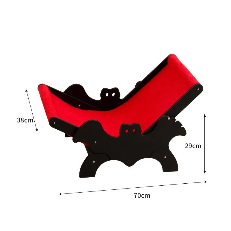 Black and red Halloween themed wooden cat recliner bed with bat decorations
