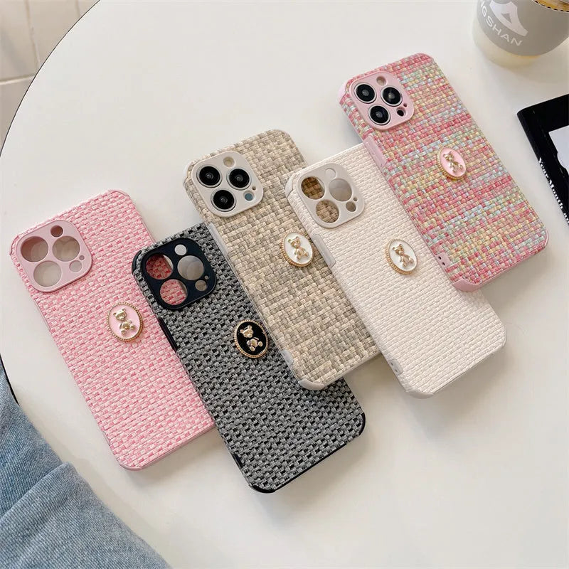 Woven bear flannelette phone case for iPhone in colourful pink with cute Japanese Korean cartoon design