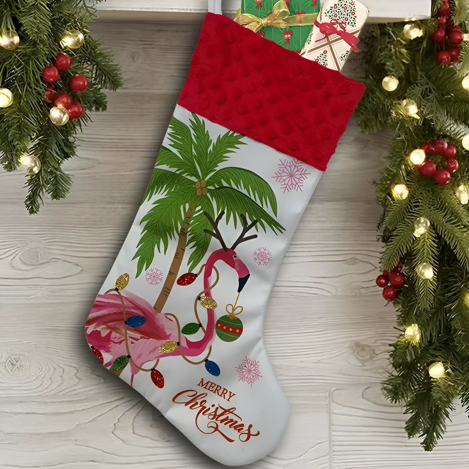 Cloth Christmas stocking measuring 46x28 cm in American holiday style
