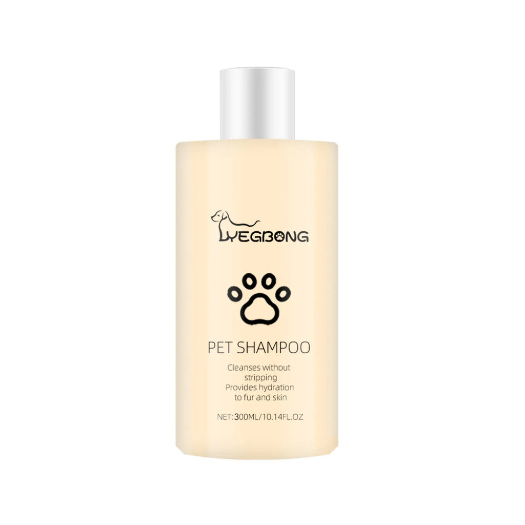 Mild pet shampoo bottle for dogs and cats in 100ml and 300ml sizes
