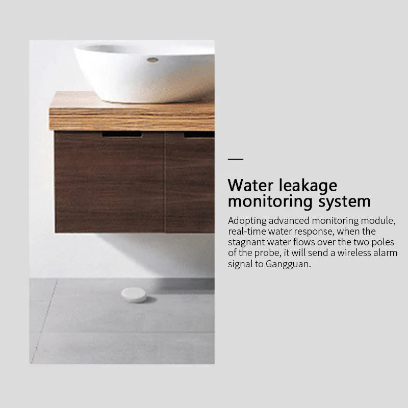 Compact white Zigbee wireless water leak flood sensor with FCC and CE certification marks