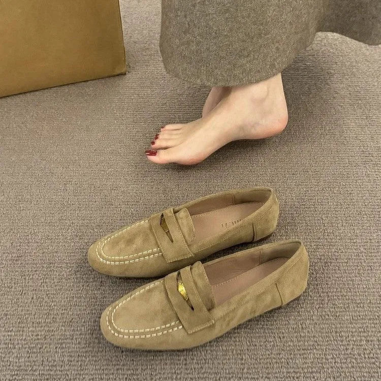 Suede leather shoes with thick bottom flat heel round toe oversleeves design black colour