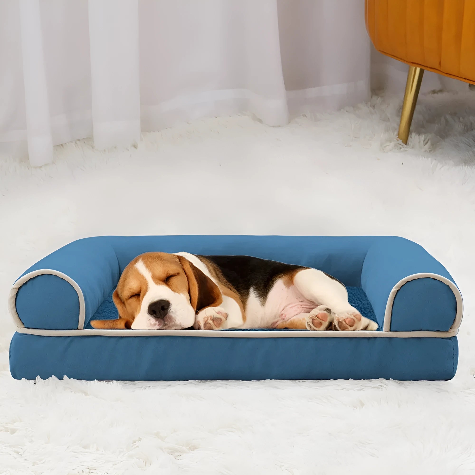 Square dark grey sponge dog bed with breathable cloth cover on a wooden floor.