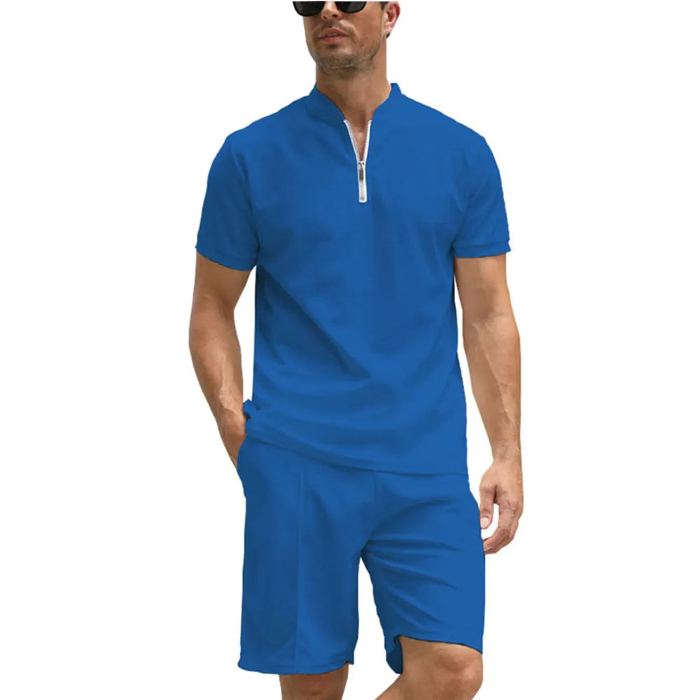 Men's solid colour two-piece polo shirt suit set with short sleeves and matching trousers