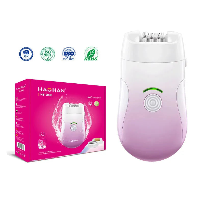 Pink three-in-one USB hair removal device with shaver head, grinding head, and skin rub accessories