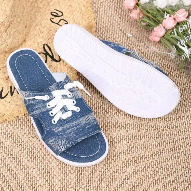 Blue Roman style flat canvas slippers for women with a cloth upper and rubber sole