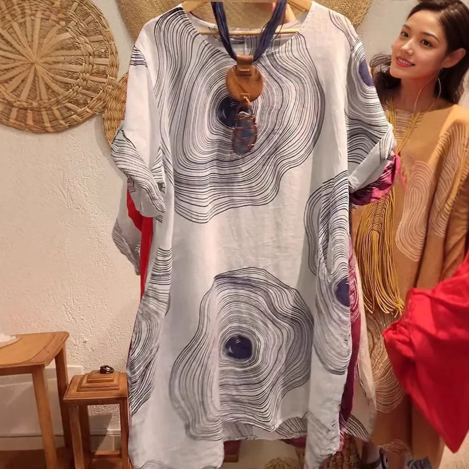 Women's round neck abstract print sleeve dress with A-line skirt in polyester, available in multiple colours