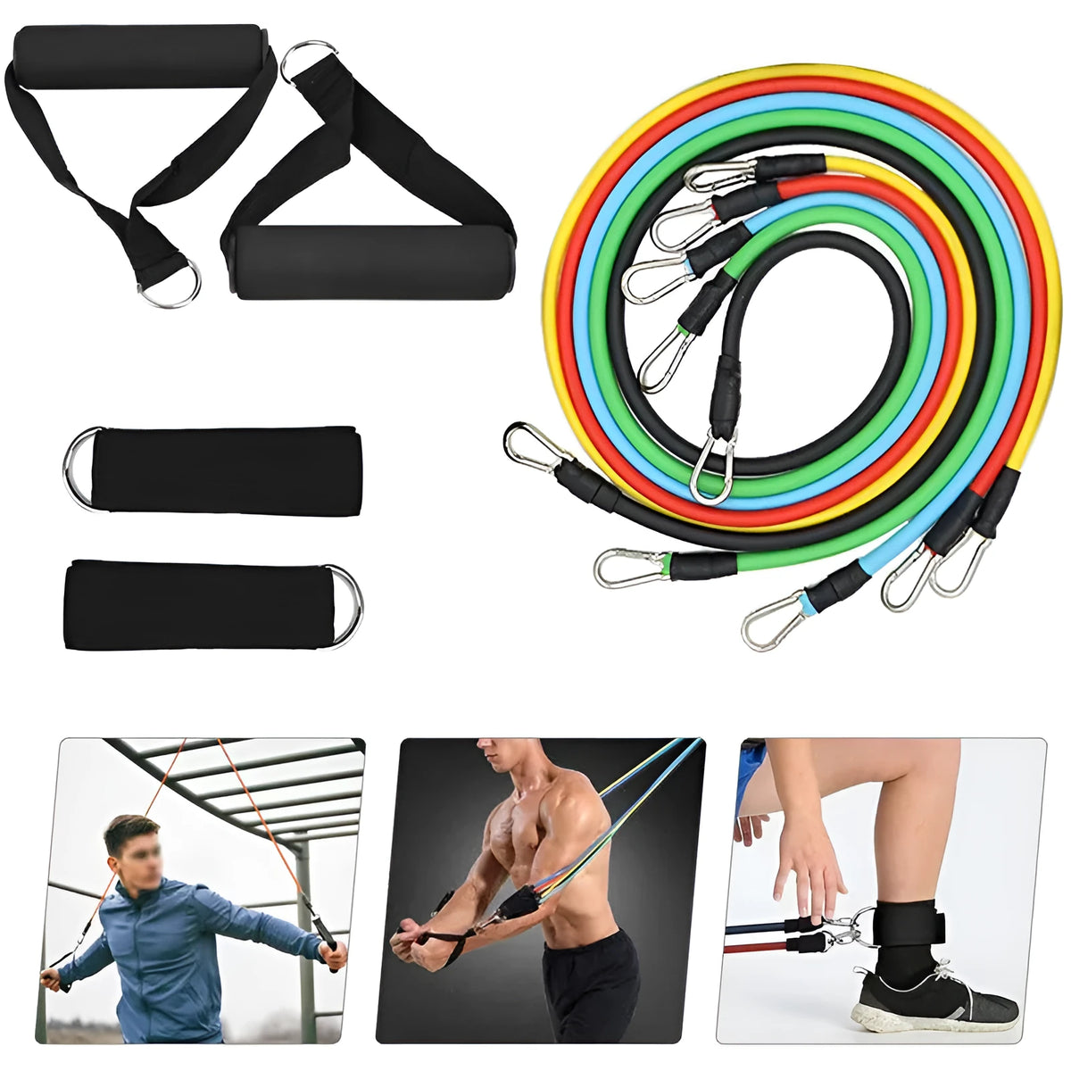 TPE resistance pull rope set with carabiner, 11-piece fitness band option for whole body exercise