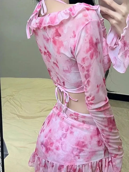 Women's floral polyester bikini swimsuit in cherry blossom powder colour