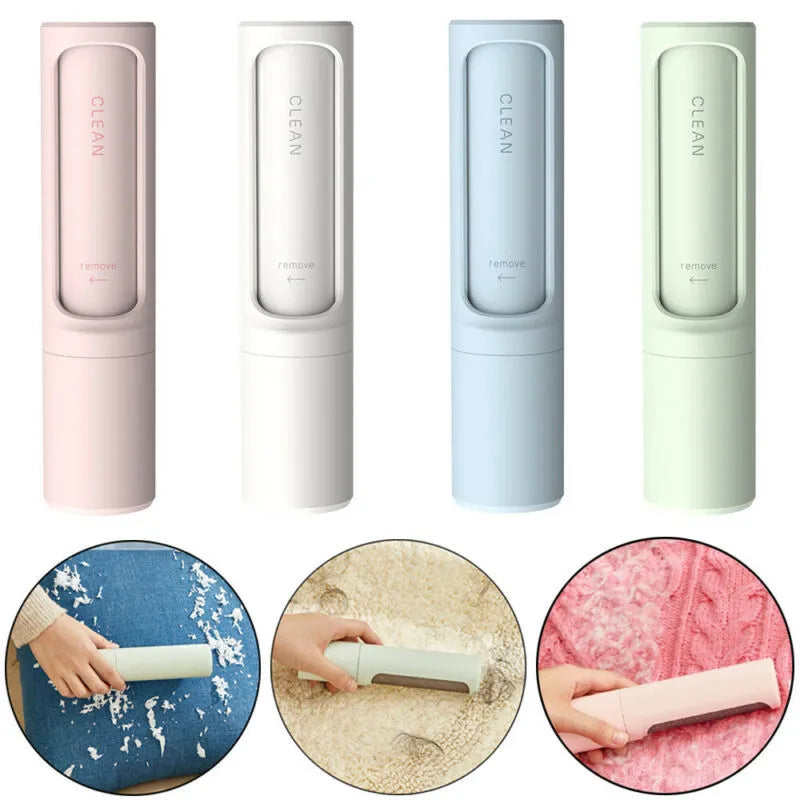Rotating cylinder electrostatic pet hair removal brush in white, 4.3x4.3x18.3cm, on a fabric surface