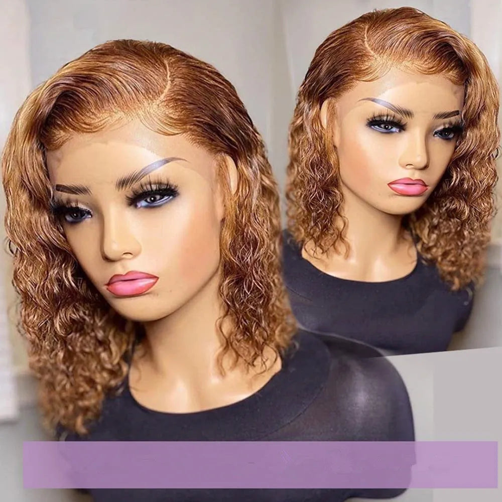Short curly honey blonde bob lace front wig for women with long bangs, light brown colour