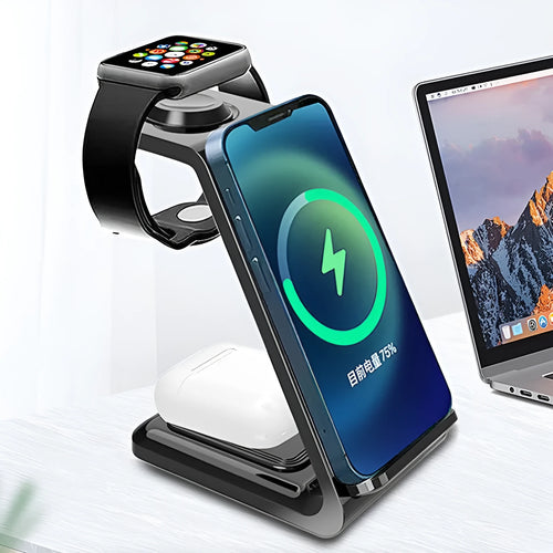 Black 3-in-1 upright wireless charging stand holding a mobile phone vertically on a desk.