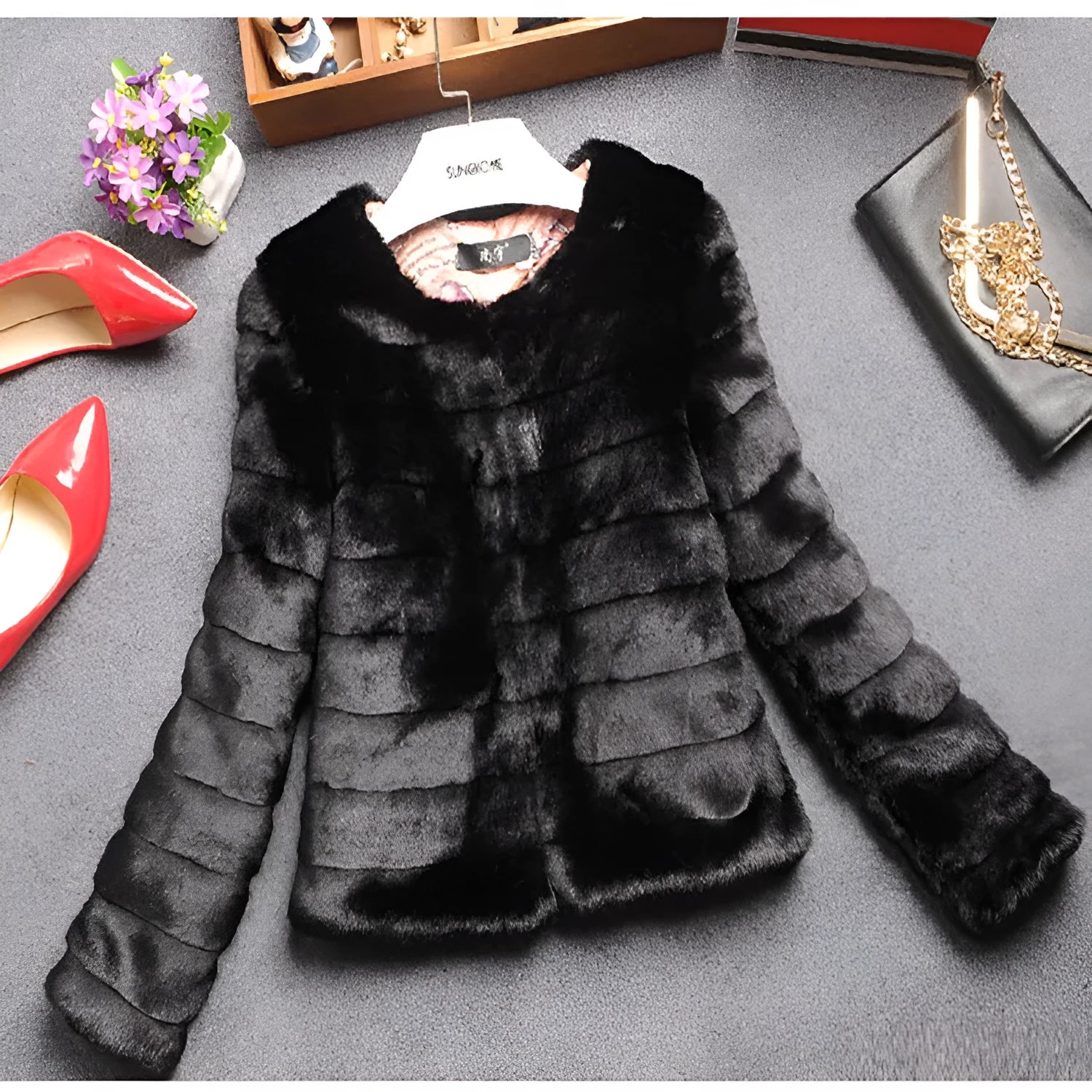Women's faux fur short top in beige with regular sleeves and street fashion styling