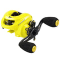 Yellow water drop baitcasting reel with left-hand retrieve showing dual brake dials and graphite body