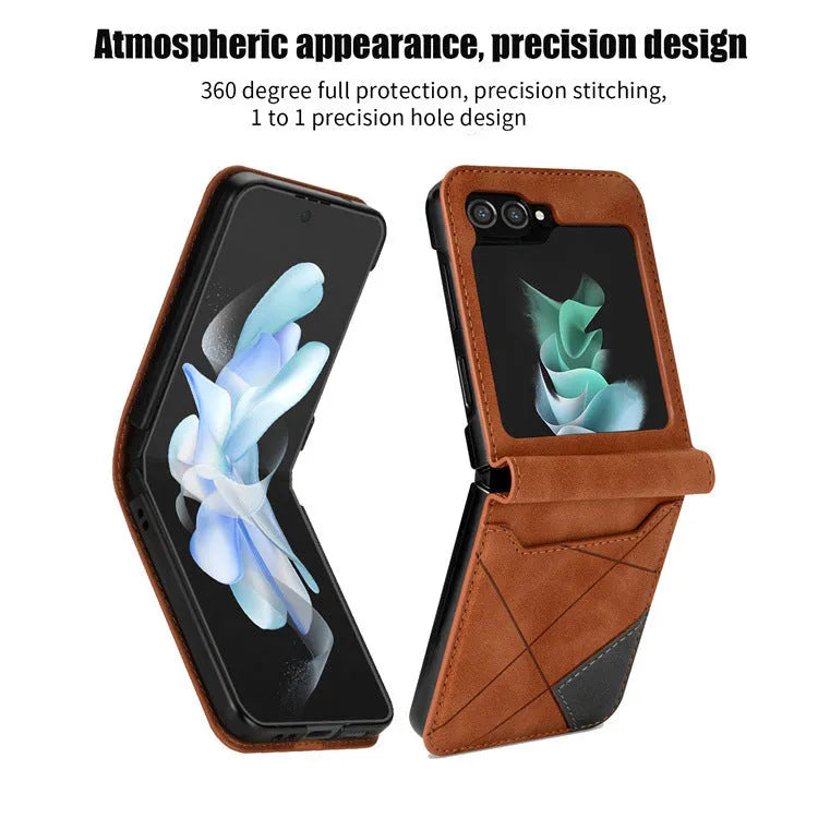 Samsung Galaxy Z Flip folding phone case with patchwork retro pattern and card slots in flip wallet design