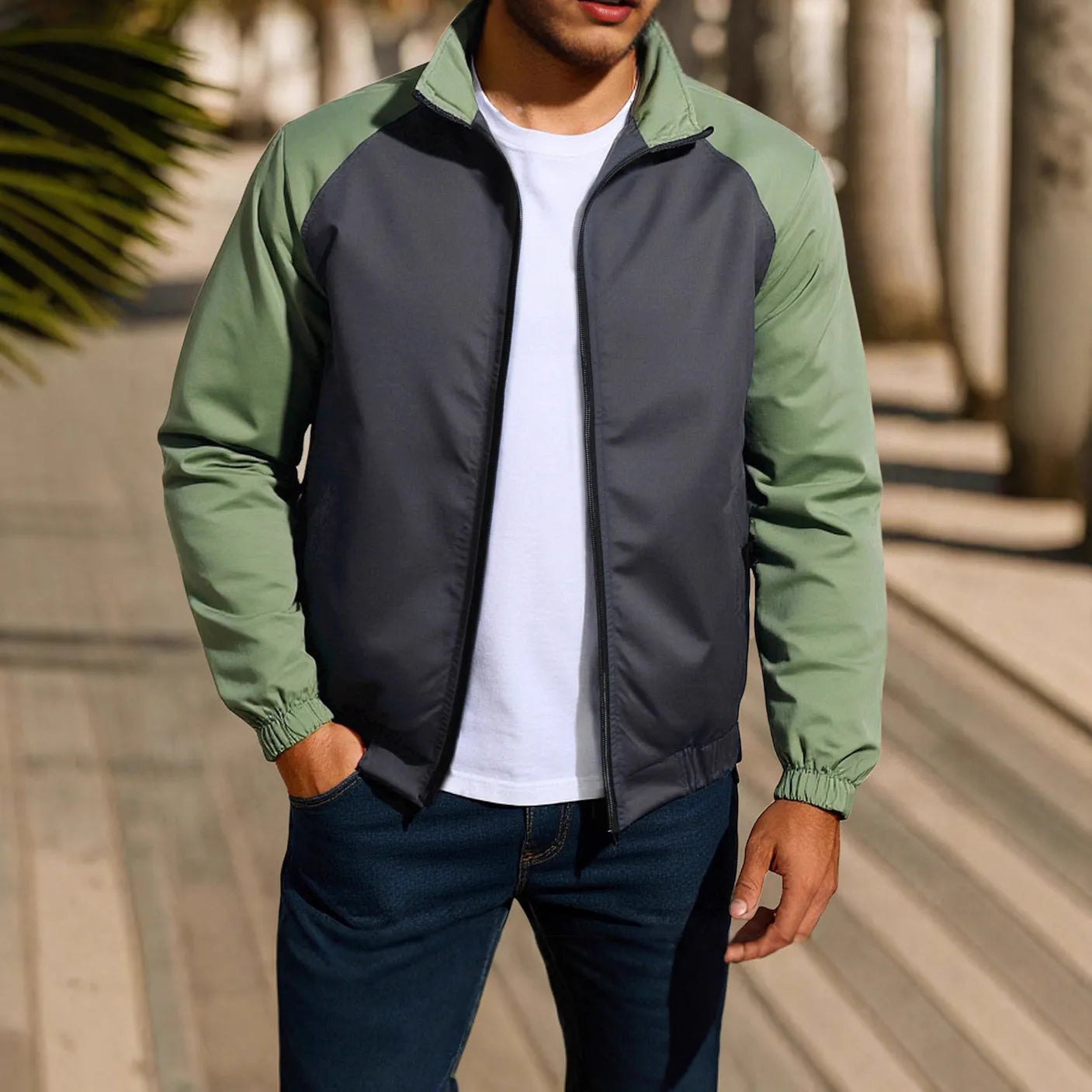 Men's casual stand collar jacket with raglan sleeves in red, khaki, or green colour options
