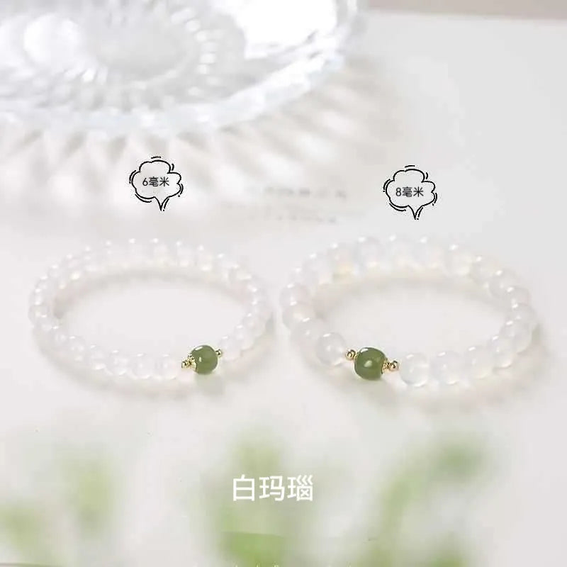 Handmade natural white agate hetian jade crystal bracelet with cinnabar inlaid detailing in ins style