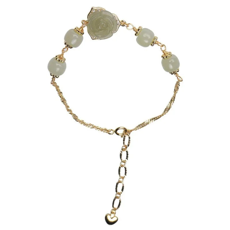 Women's bracelet with Hetian Jade Rose stone floral design and 14K gold gilding accents