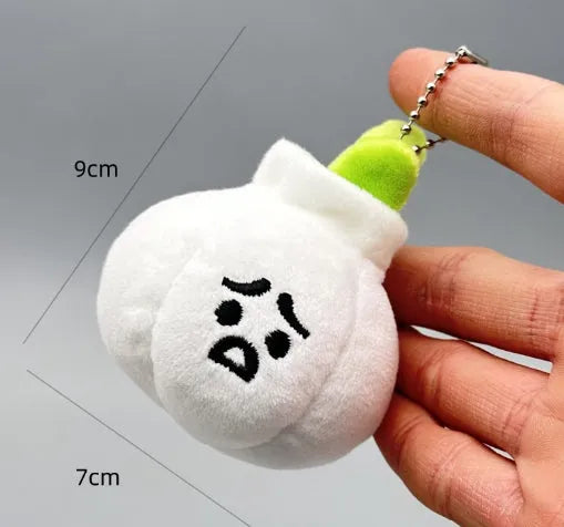 Funny vegetable plush keychain featuring onion, garlic, and broccoli pendants on a ring