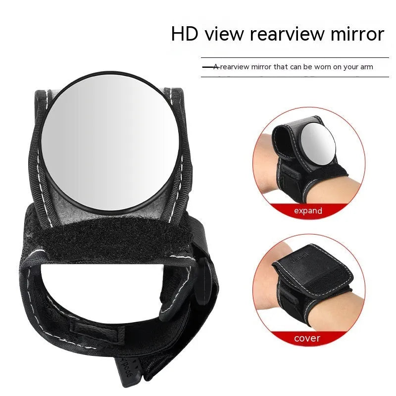 Black wrist-mounted bicycle rear-view mirror with adjustable nylon strap for cycling safety