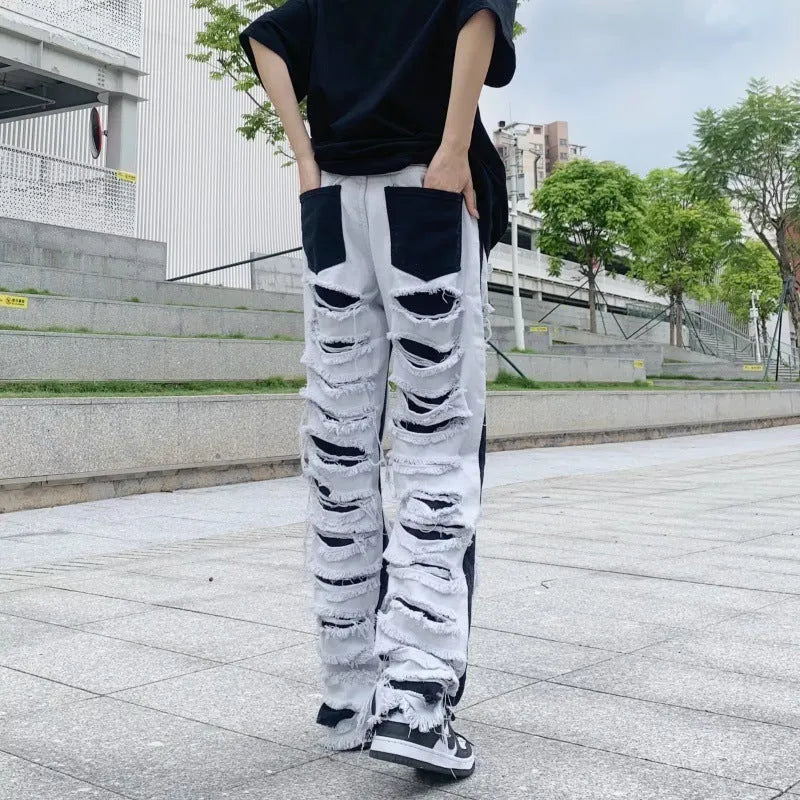Men's Ripped Jeans Straight Casual Versatile Trousers Mid Waist Zipper Fly Denim Polyester Blend Teenagers Leisure S M L XL 2XL 3XL 4XL Picture Color
