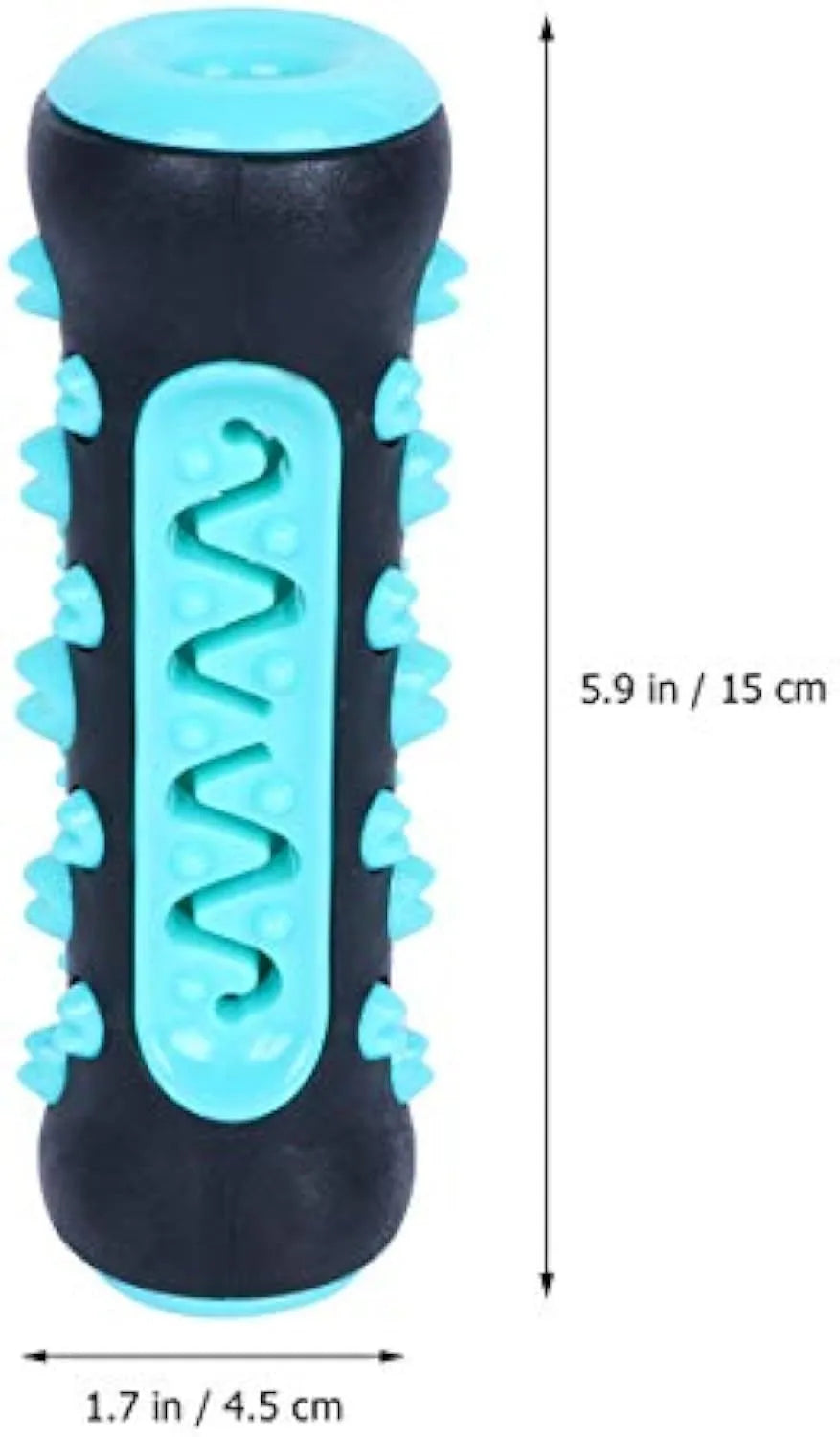 Natural rubber dog dental chew toy in blue, green, yellow, or black blue, showing textured cleaning surfaces.