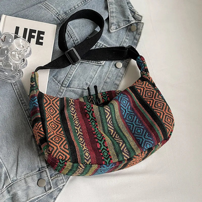 Women's ethnic style canvas crossbody dumpling bag with sewing thread details