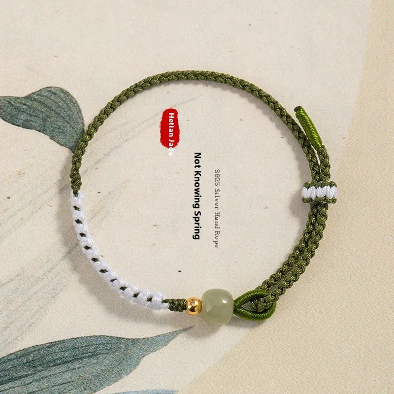Hetian jade carrying strap bracelet with adjustable cord and electroplated spring colouring