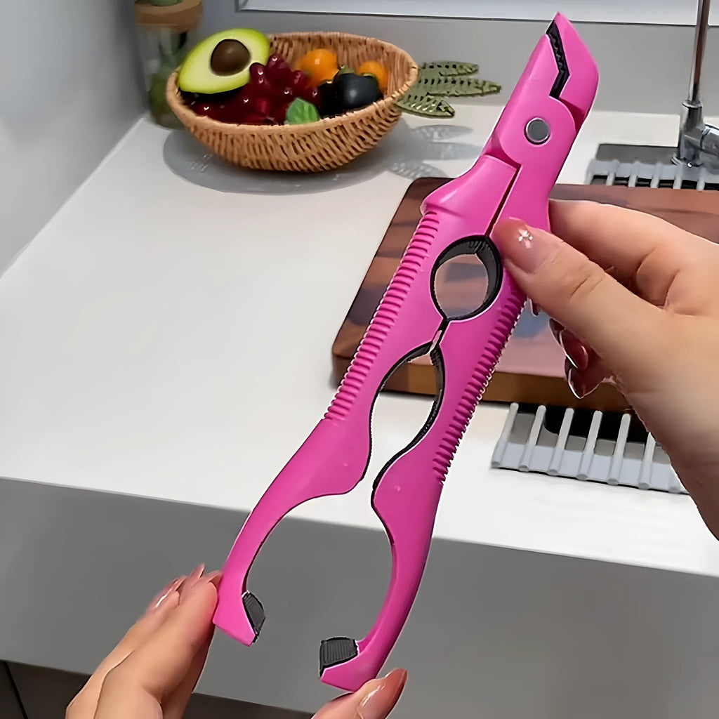 Three-in-one anti-scald clip for bowls and plates with bottle opener, non-slip, shown in Red, Rose Red and White
