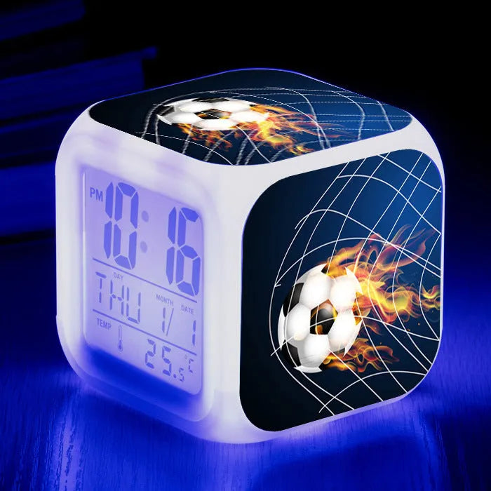 Square football pattern alarm clock for children's bedrooms with silent alarm functionality