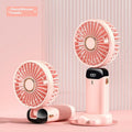 Handheld portable folding fan in Snow Peak White with USB cable, five speed settings, and 10 hour battery life