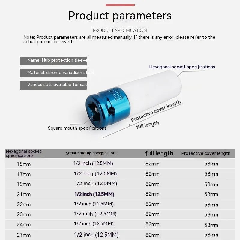 Four individual pneumatic hexagon sockets in sizes 17mm, 19mm, 21mm, and 22mm for vehicle maintenance