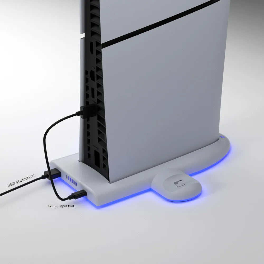 White PS5 Slim multi-function cooler pad charging base with RGB lights and fixed charger