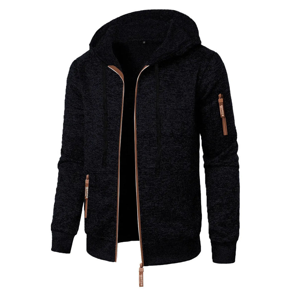 Men's polyester jacquard hooded coat, solid colour, straight cardigan style, sizes S to 3XL
