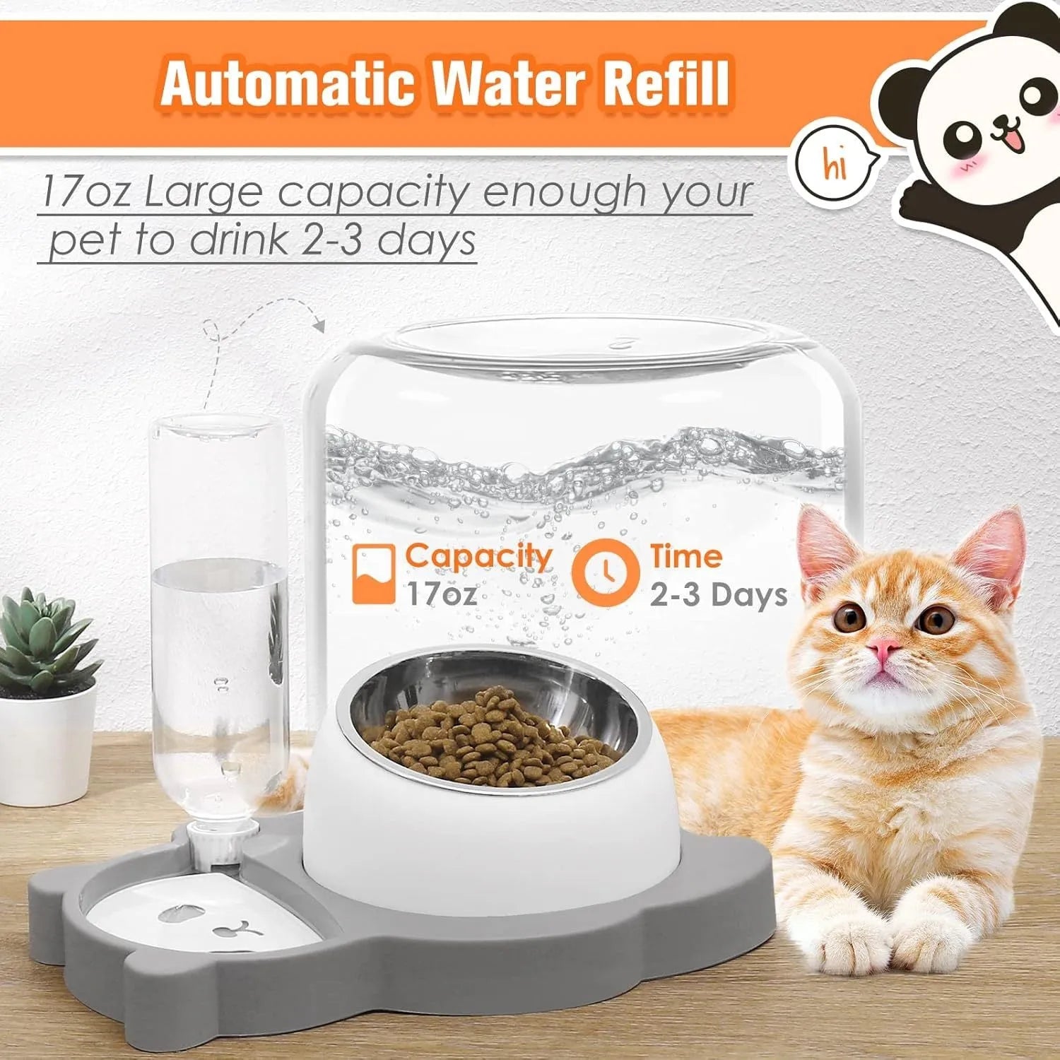 Grey tilted elevated pet bowl set with automatic water dispenser bottle and panda design